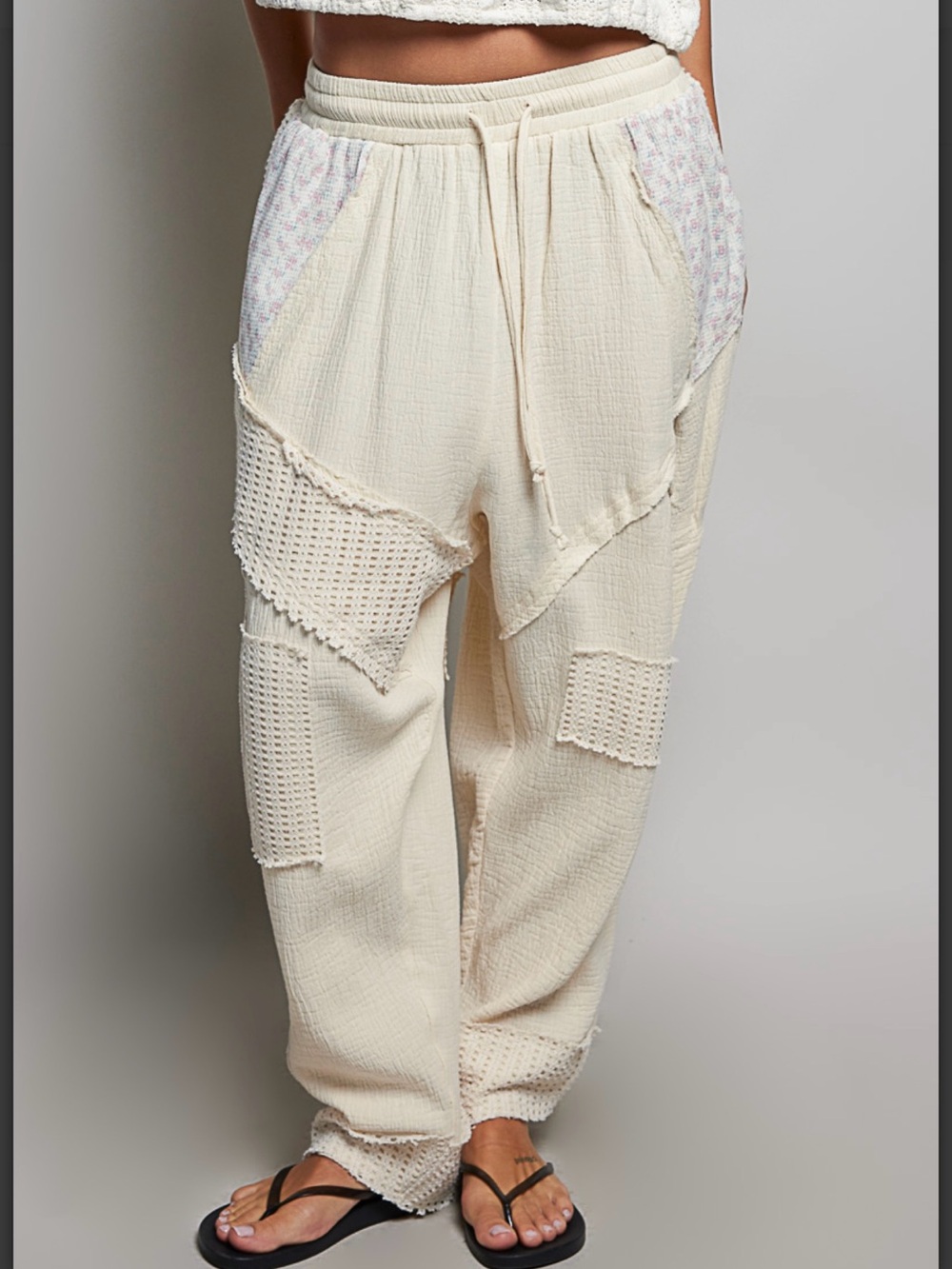 POL Women's Harem Patchwork Drawstring Pants. Double gauze with lace patches